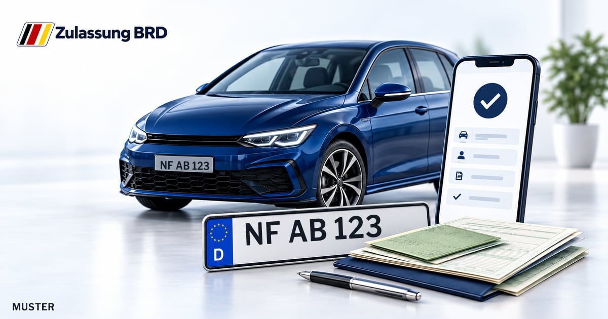 Online Fahrzeugzulassung in Niebüll: Musterkennzeichen NF AB 123, Auto und Fahrzeugpapiere und Smartphone. Illustration mit Logo von Zulassung BRD.
